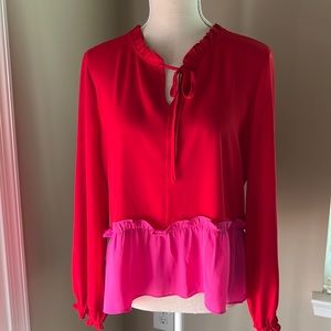 Maison Jules Red Blouse w/ Tie Neck and Pink Ruffle Hemline
